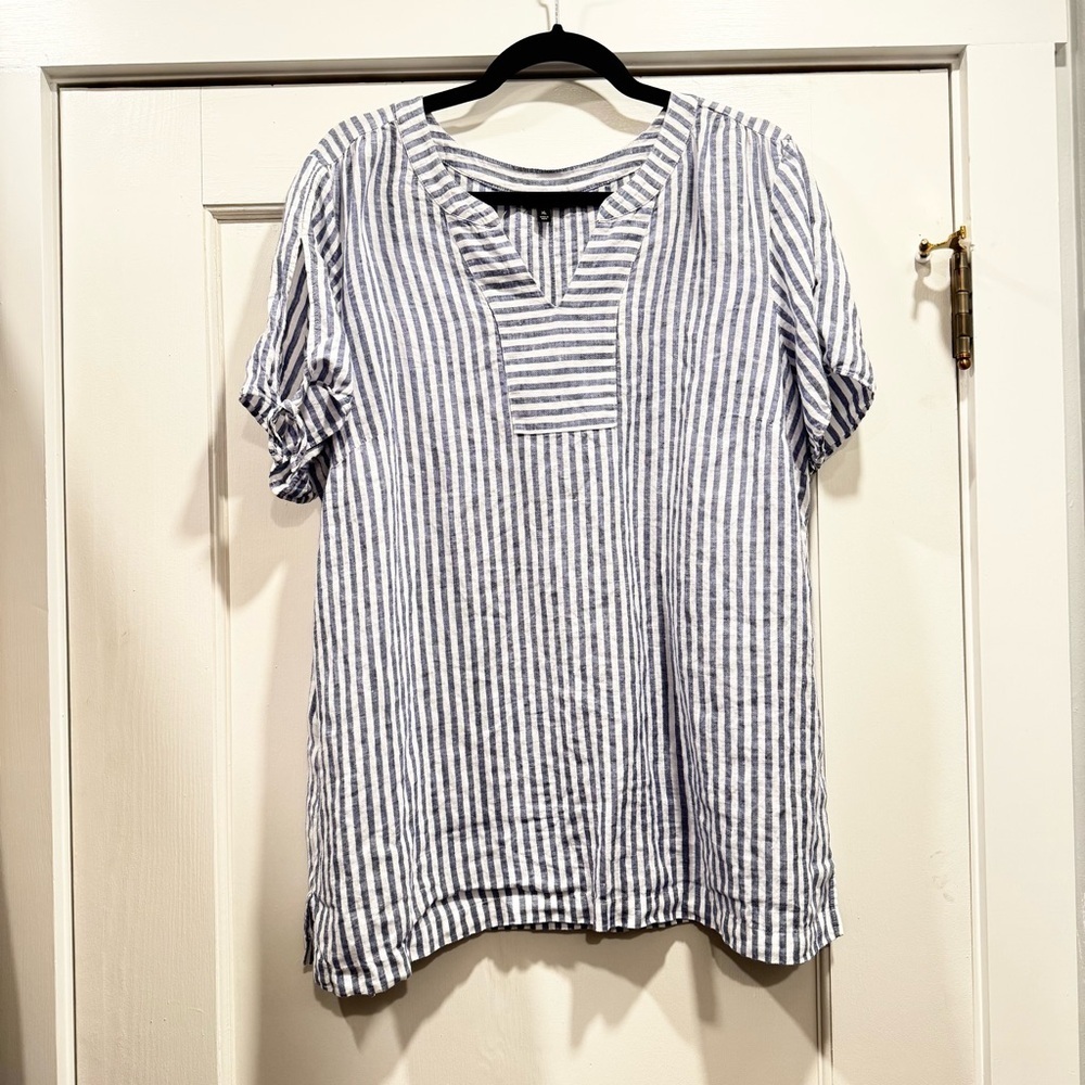 Talbots 100% Linen Blue Stripe Shirt XL Nautical Preppy Summer Spring Vacation - Picture 5 of 12